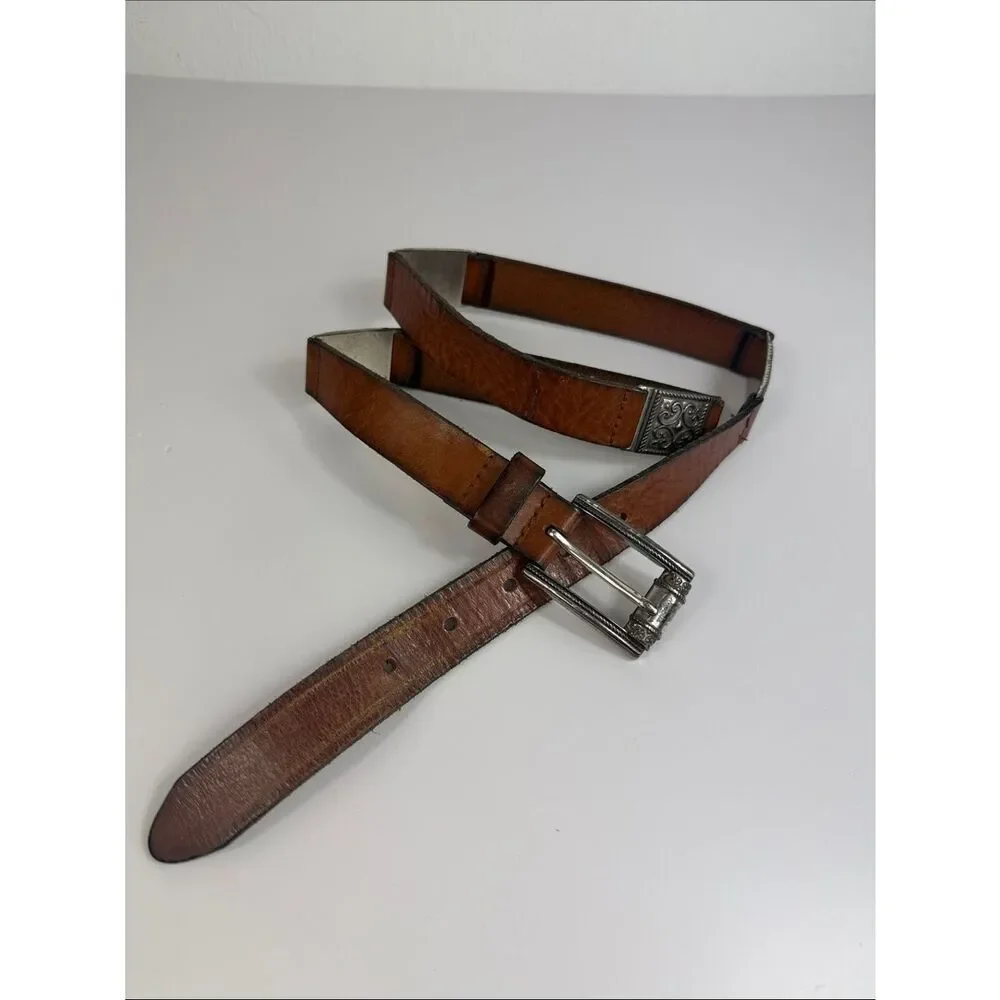 Vintage Brown Leather Belt Ornate Silver Buckle Metal Accents Size S/M